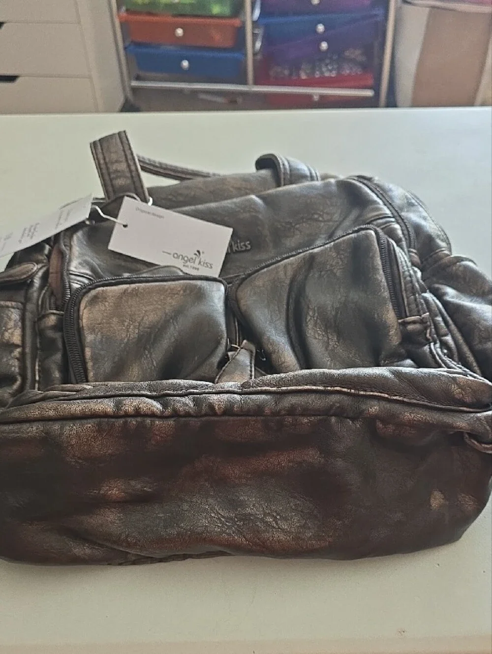 Angel Kiss Men's Bronze Faux-Leather Travel Backpack